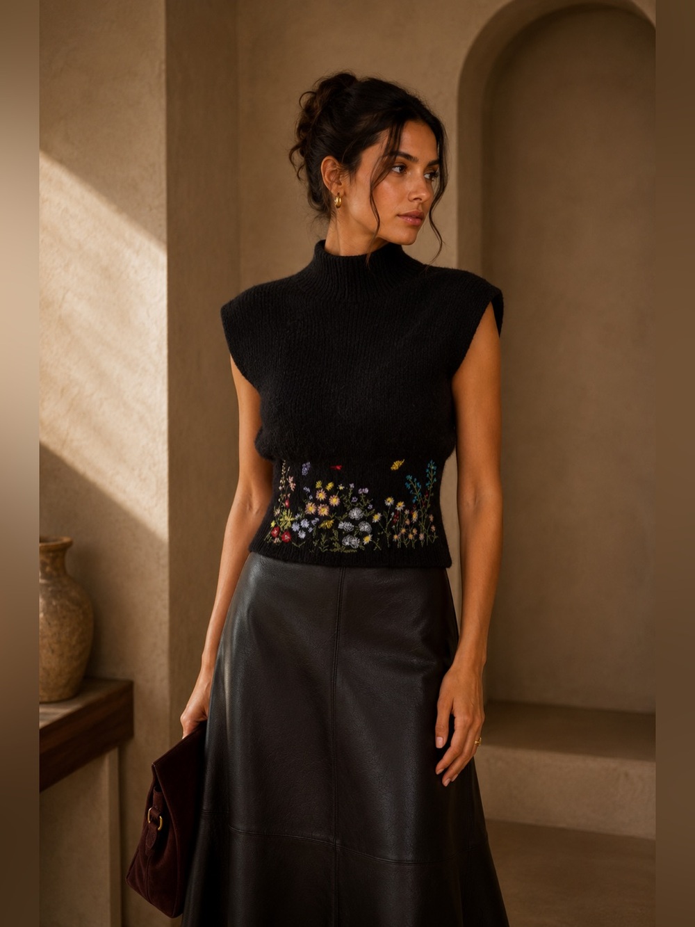 Commense Black Floral Embroidered Sweater Vest S | Cottagecore Knit Top